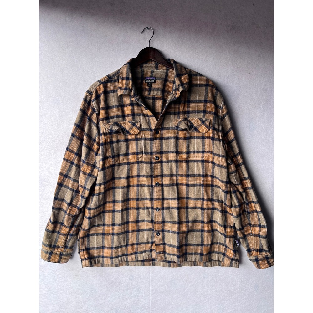 Patagonia Mens XL Organic Cotton Fjord Flannel Shirt Plaid Tan Orange Blue 254